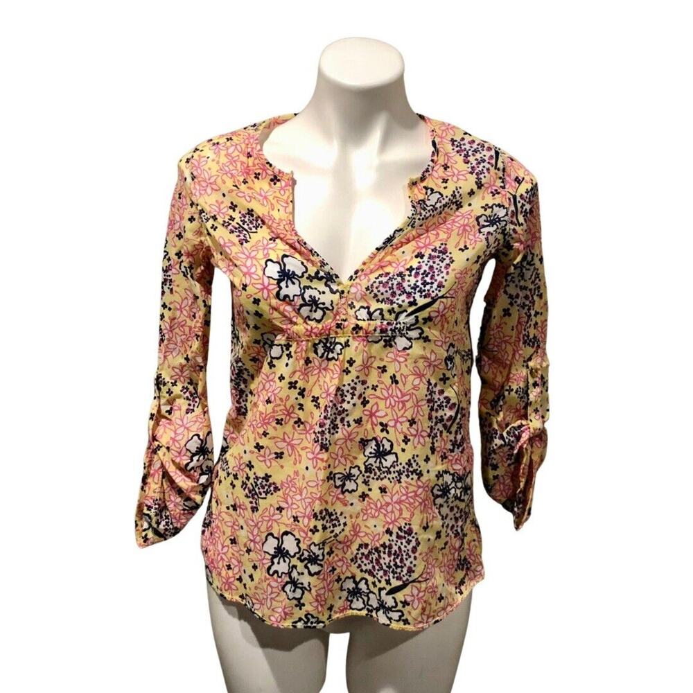 Lilly Pulitzer Blouse Tunic XS Multicolor Floral V Neck Empire Waist Roll Tab